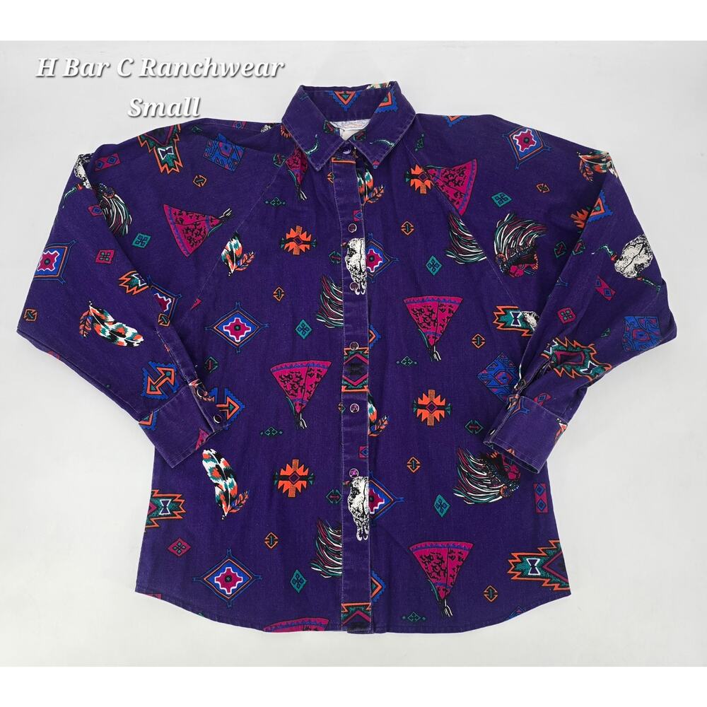 Vintage 80s H Bar C Ranchwear Southwestern Steer Skull Shirt Small Western USA
